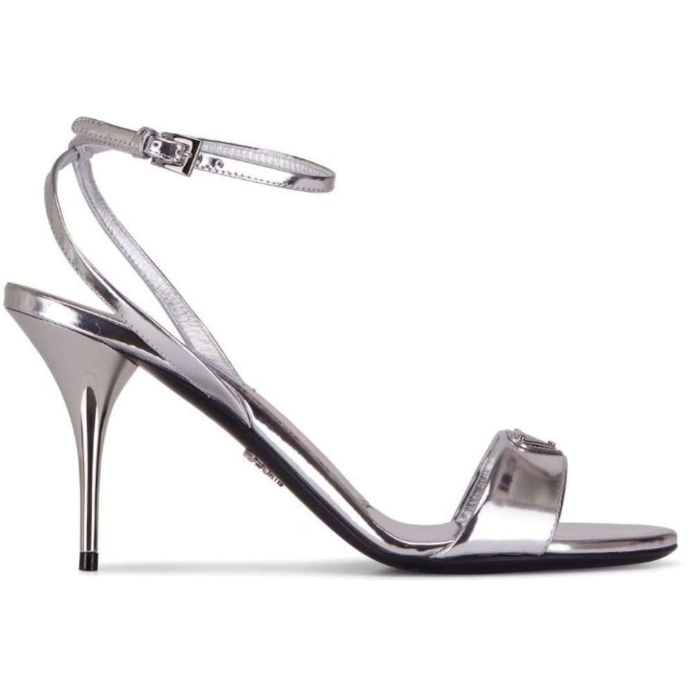 $1350 NIB Prada silver sandals 85mm heel leather ankle strap pump